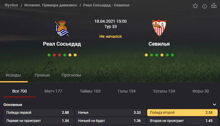 Реал Сосьедад - Севилья. Продолжат ли гости беспроигрышную серию?