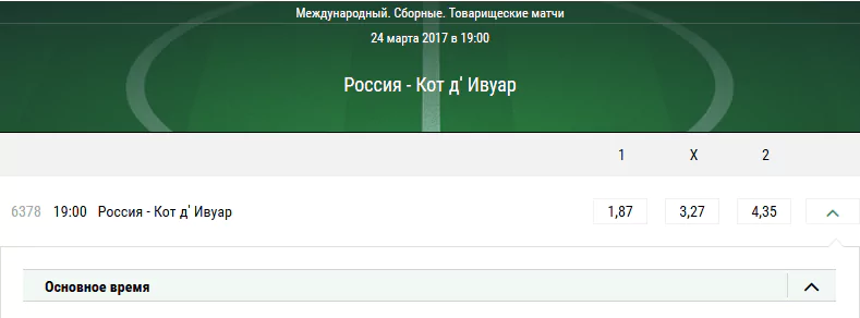Россия – Кот-д`Ивуар. Котировки БК Лига Ставок
