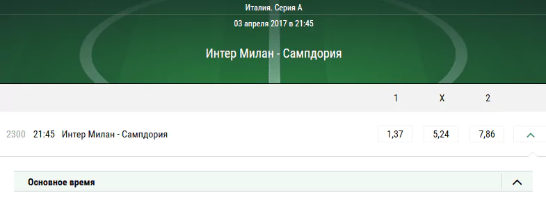 Интер – Сампдория. Котировки БК Лига Ставок