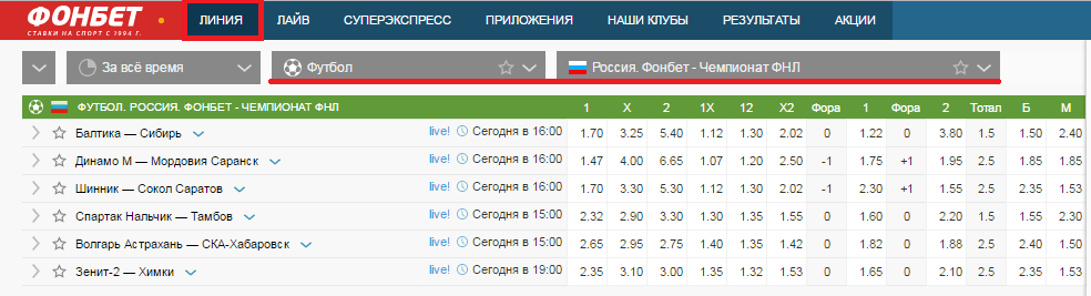 Как ставить в Фонбет на чемпионат ФНЛ (Россия)?
