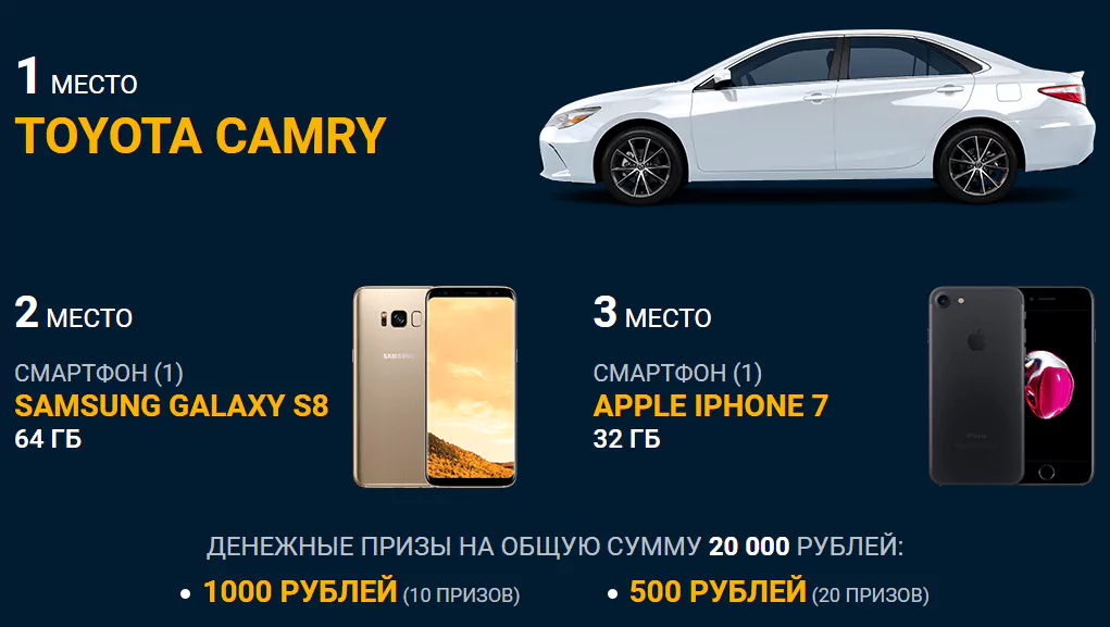 БК 1хСтавка разыгрывает Toyota Camry, Samsung Galaxy S8 и iPhone 7