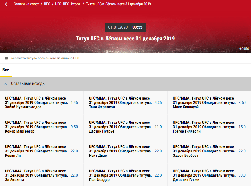 Роспись на UFC и ММА в БК Париматч