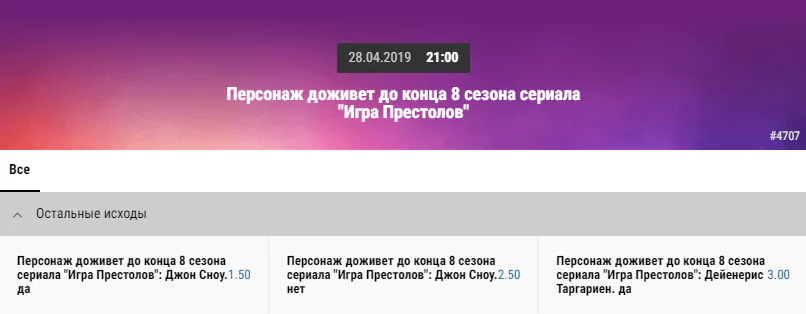 Ставки на итоги «Игры Престолов» в БК Париматч