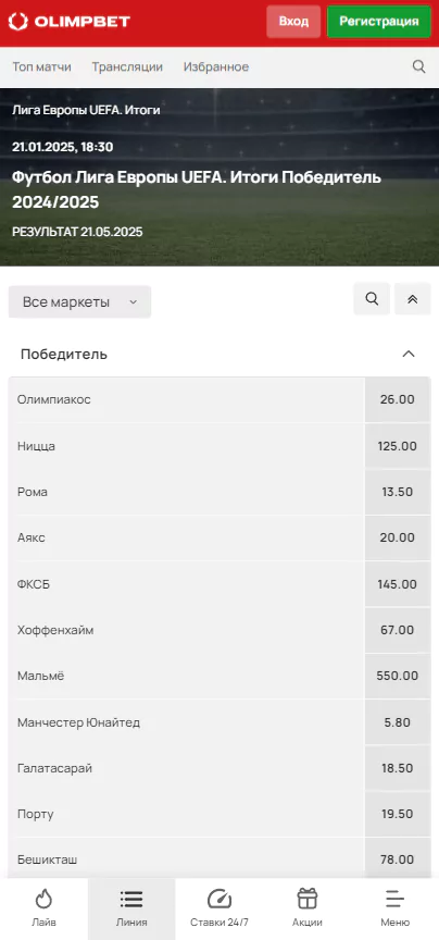 Какие особенности ставок на Лигу Европы в Олимпбет?