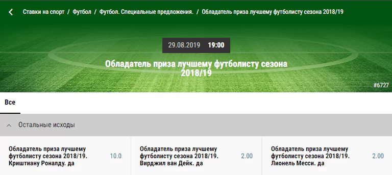 Ставки на лучшего игрока года в БК Париматч