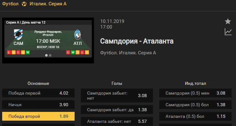 Сампдория – Аталанта. Прогноз матча 12 тура чемпионата Италии